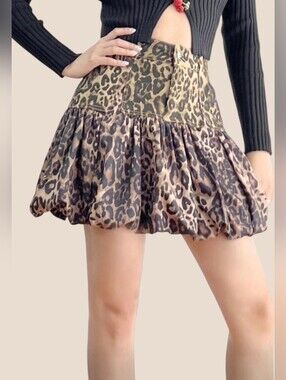La' Ros Leopard Print Bubble Mini Skirt - Brown